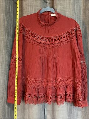 Crochet-Trim Long Sleeve Blouse in dark pink